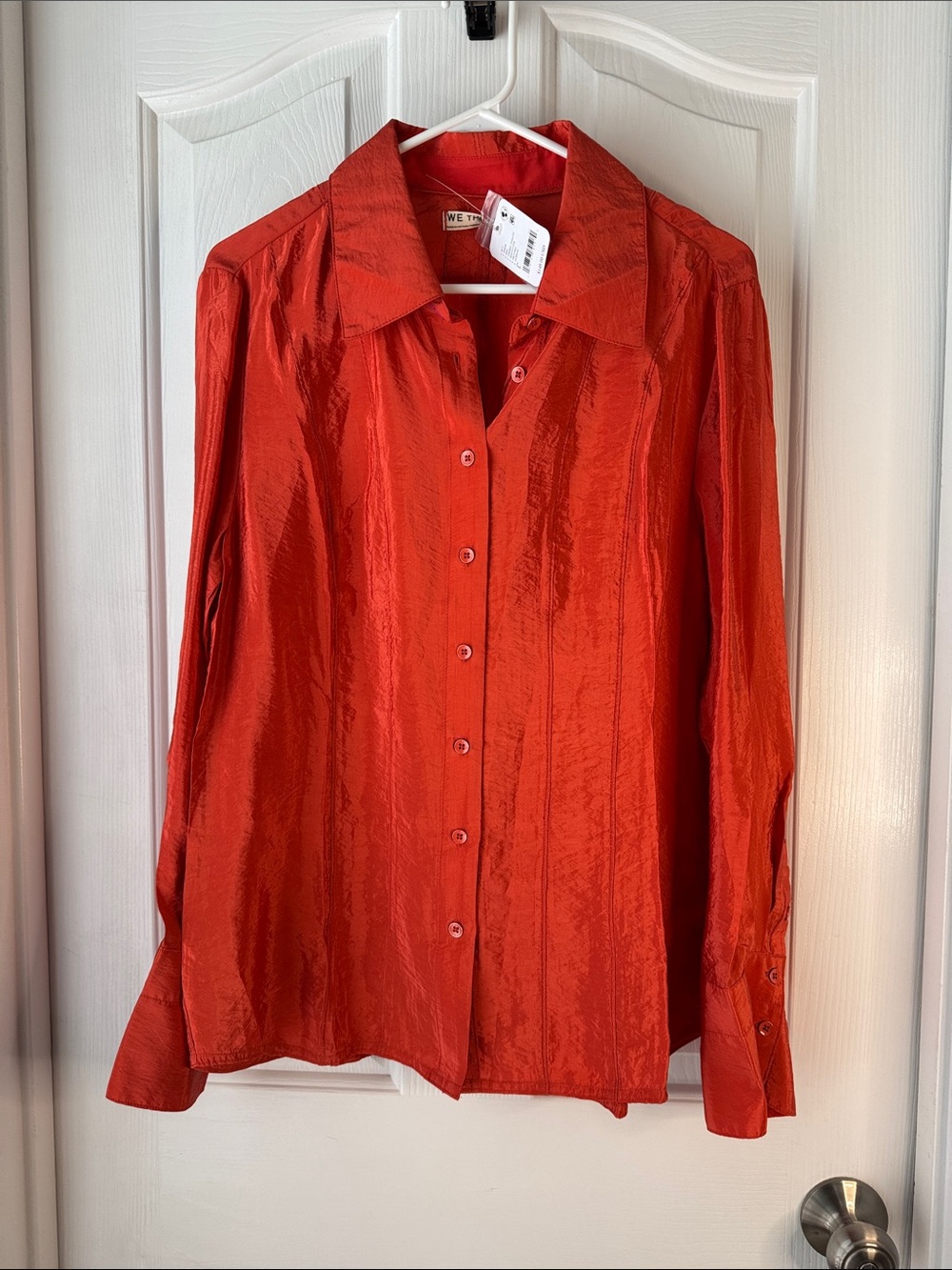 We The Free Vibrant Orange Button-Down Satin Shimmering Shirt